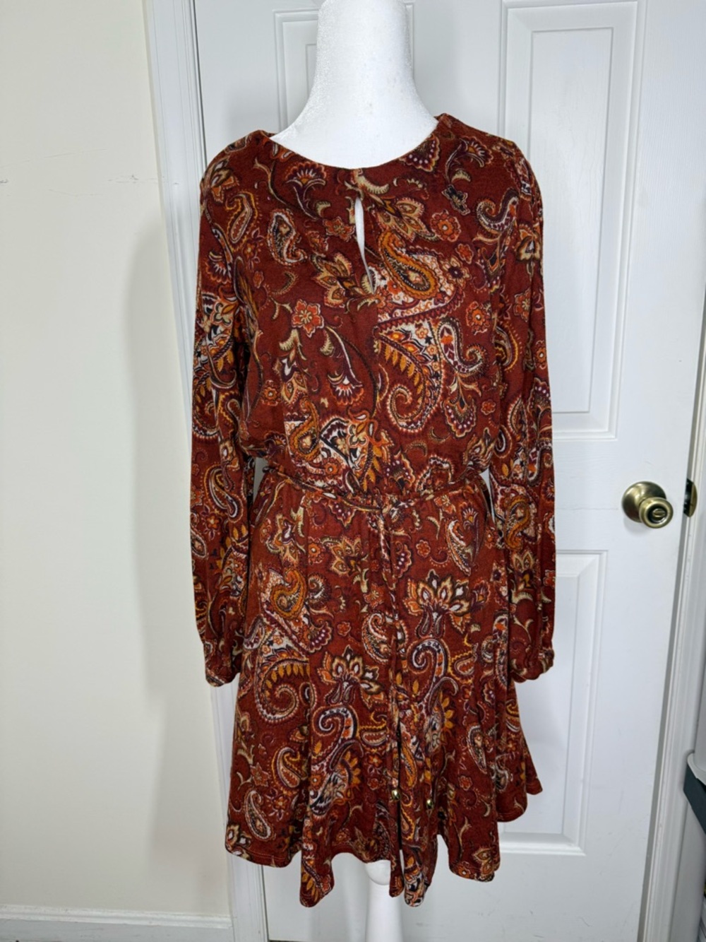 Emma & Michele Rust Paisley Long-Sleeve Tie-Waist Dress
